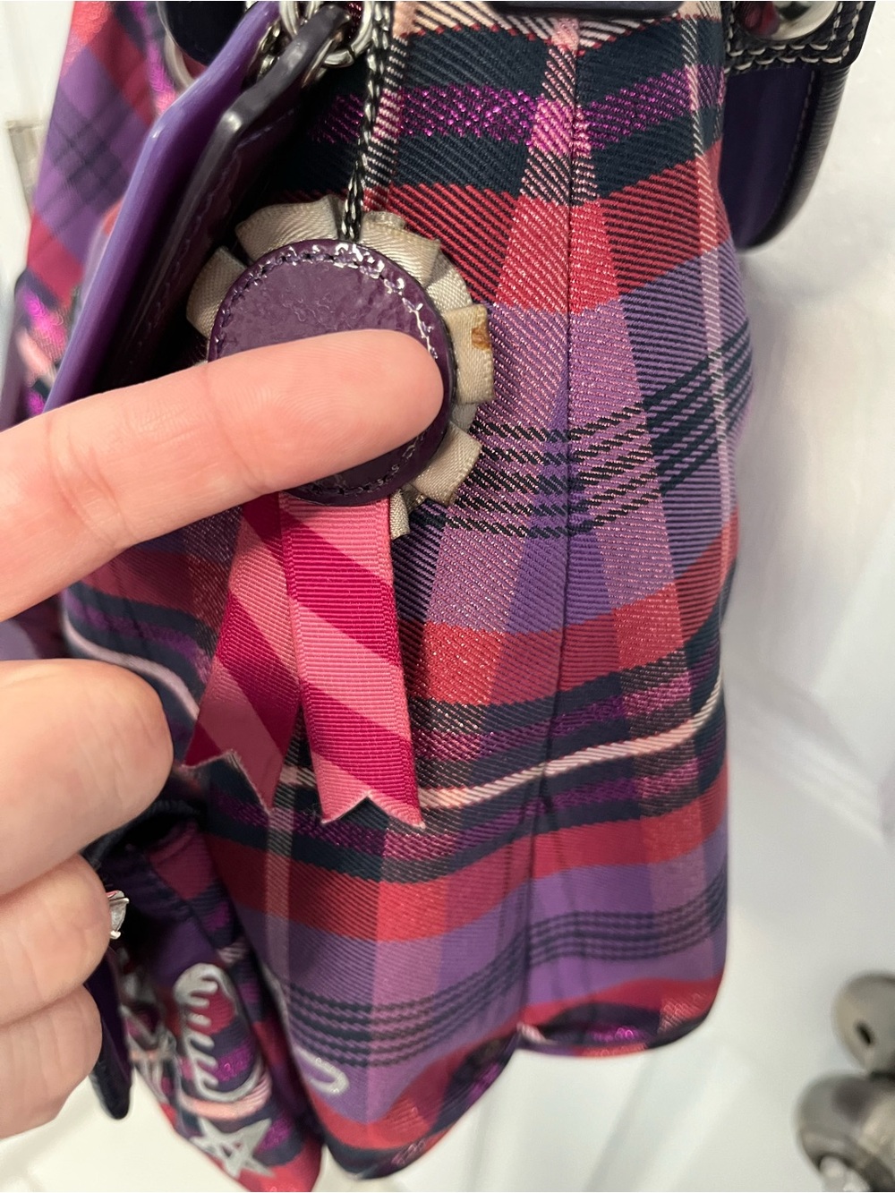 Coach Poppy Tartan Plaid Crossbody Hobo Purple Hangtags #16120 Silver Y2K - Picture 8 of 17